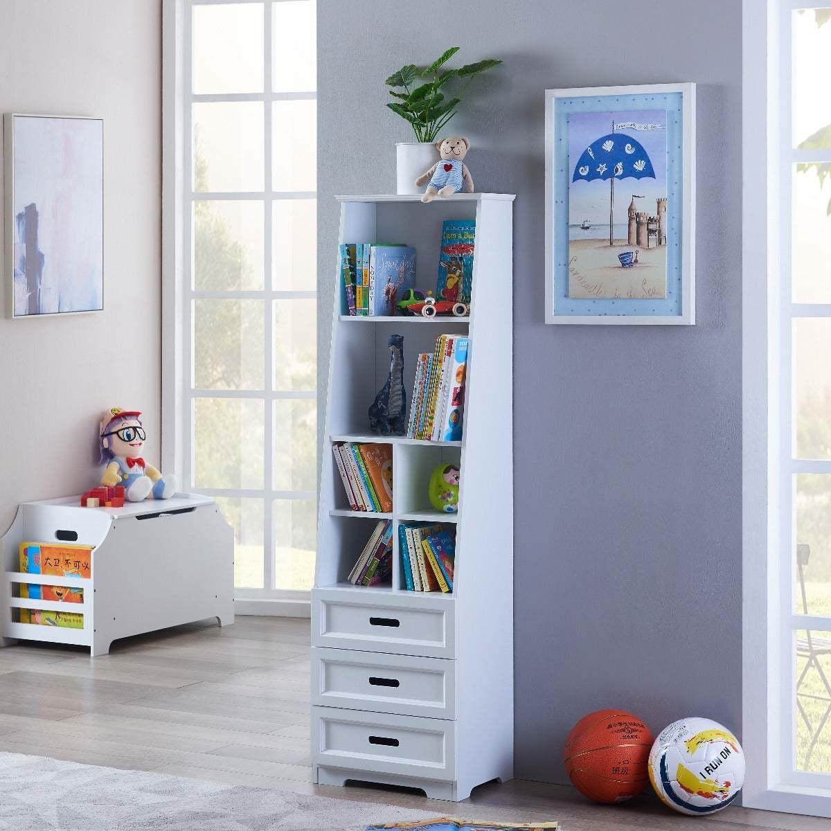 Kids Funnel White Bookcase Book Shelf Storage Unit with Book Display/Organizer Drawers - Classic White Color - Grand Goldman