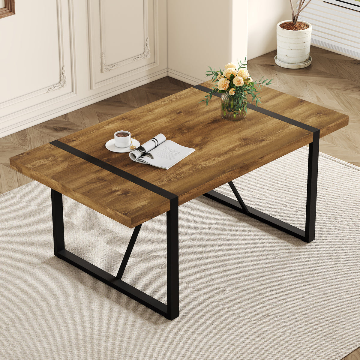 Rustic Industrial Rectangular Wood Dining Table For 4-6 Person, Thick Engineered Wood color Tabletop and Black Metal Legs,Desk For Kitchen Dining Living Room - Grand Goldman Shop