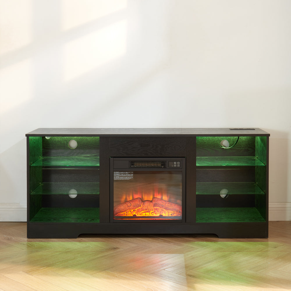 TV Stand Electric Fireplace TV Stand with Glass Shelves, 3D Fireplace TV Stand with LED Lights Wood with USB Charging Outlet Modern Television Table Center for TV up to 32-62' Black 58''W*15.4''D*24.6 - Grand Goldman Shop