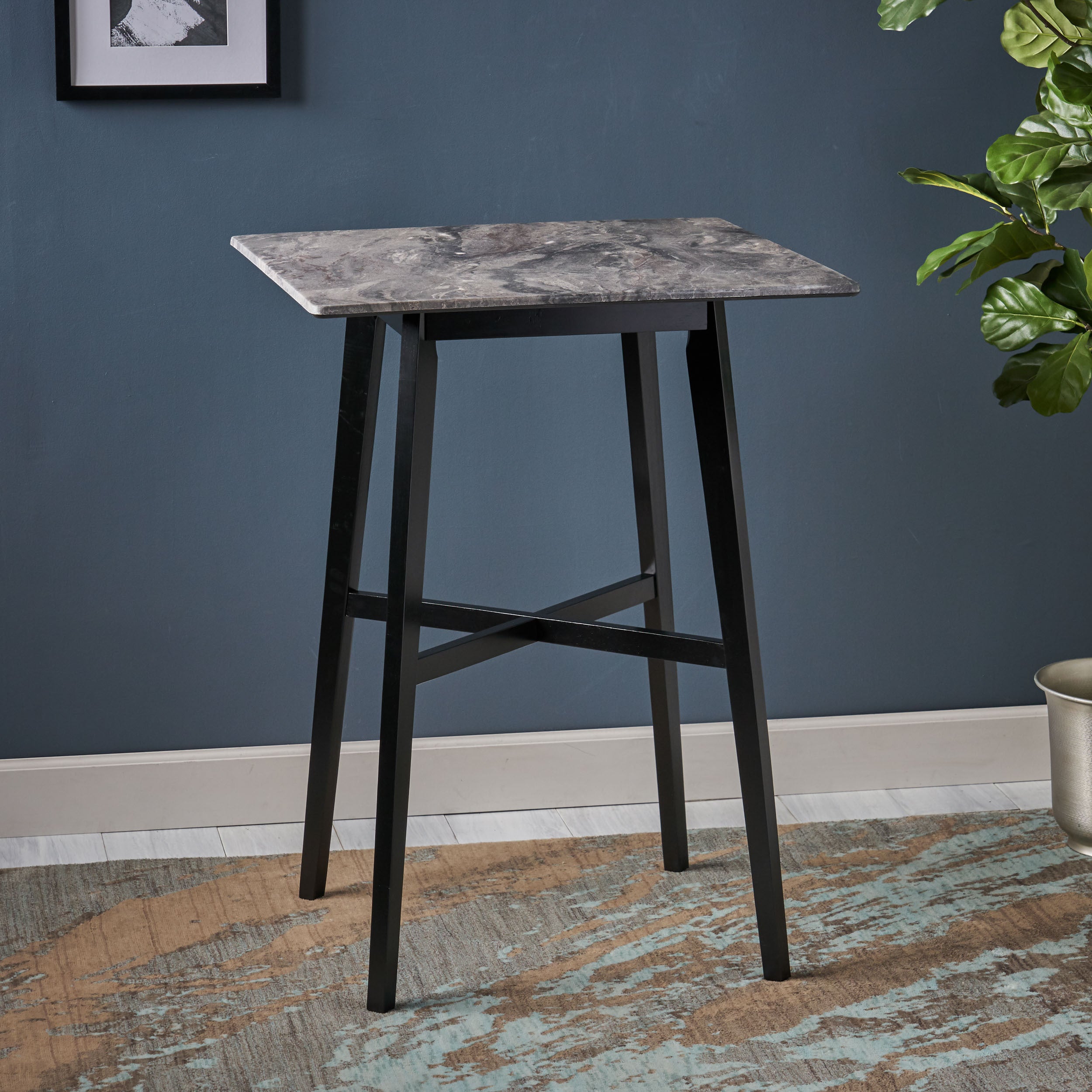 Modern Bar Height 42' Dining Table, Rubberwood Legs and Laminate Table Top, Paladina Marble Finish, Black - Grand Goldman Shop