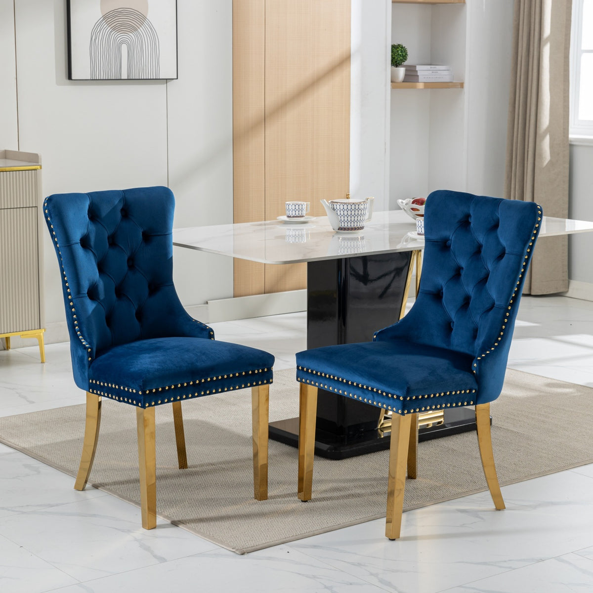 A&A Furniture,Nikki Collection Modern, High-end Tufted Solid Wood Contemporary Velvet Upholstered Dining Chair with Golden Stainless Steel Plating Legs,Nailhead Trim,Set of 2,Blue and Gold, SW1601BL - Grand Goldman Shop
