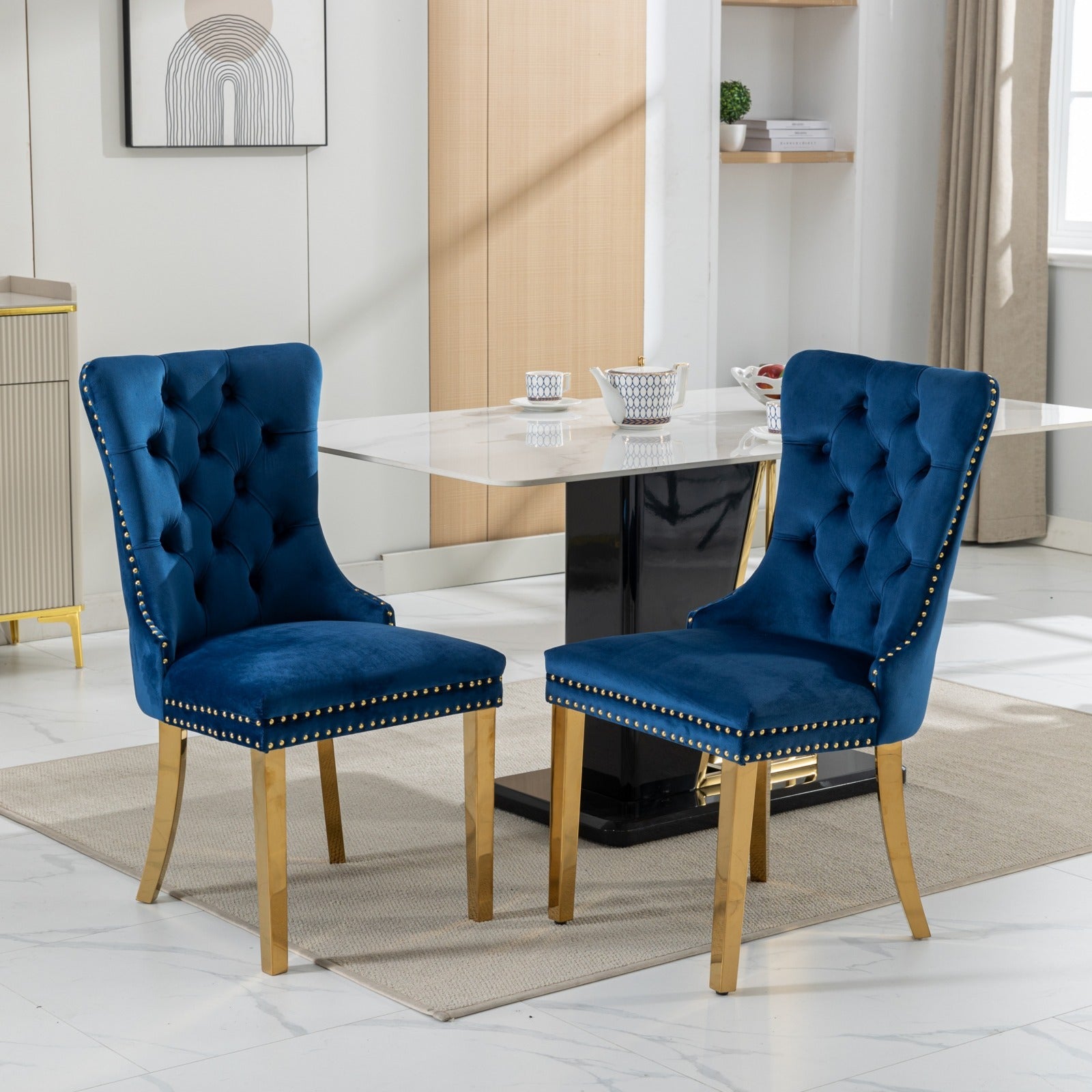 A&A Furniture,Nikki Collection Modern, High-end Tufted Solid Wood Contemporary Velvet Upholstered Dining Chair with Golden Stainless Steel Plating Legs,Nailhead Trim,Set of 2,Blue and Gold, SW1601BL - Grand Goldman Shop