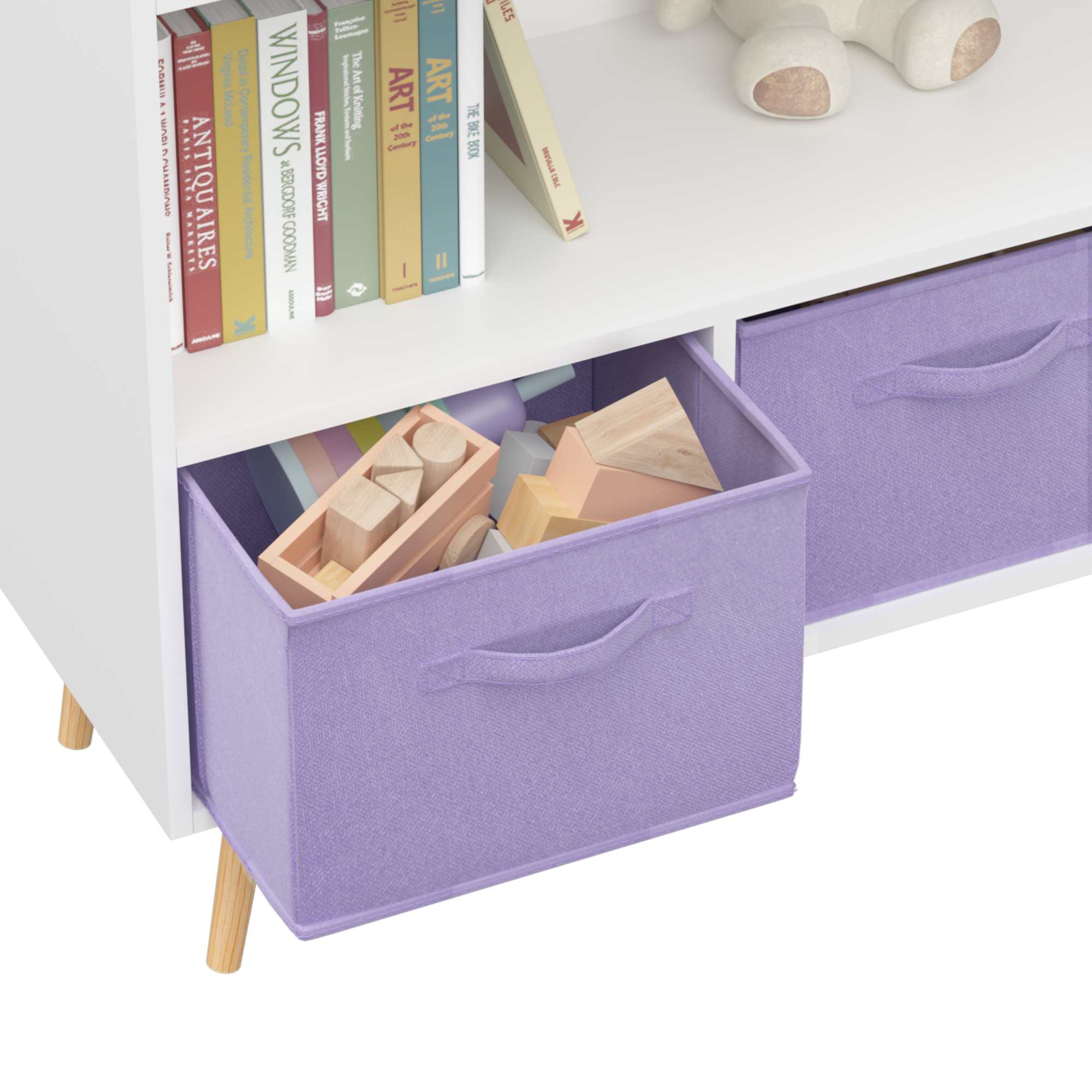 Kids Bookcase with Collapsible Fabric Drawers, Children's Book Display Organizer in White and Purple, MDF with Pine Legs | Pr