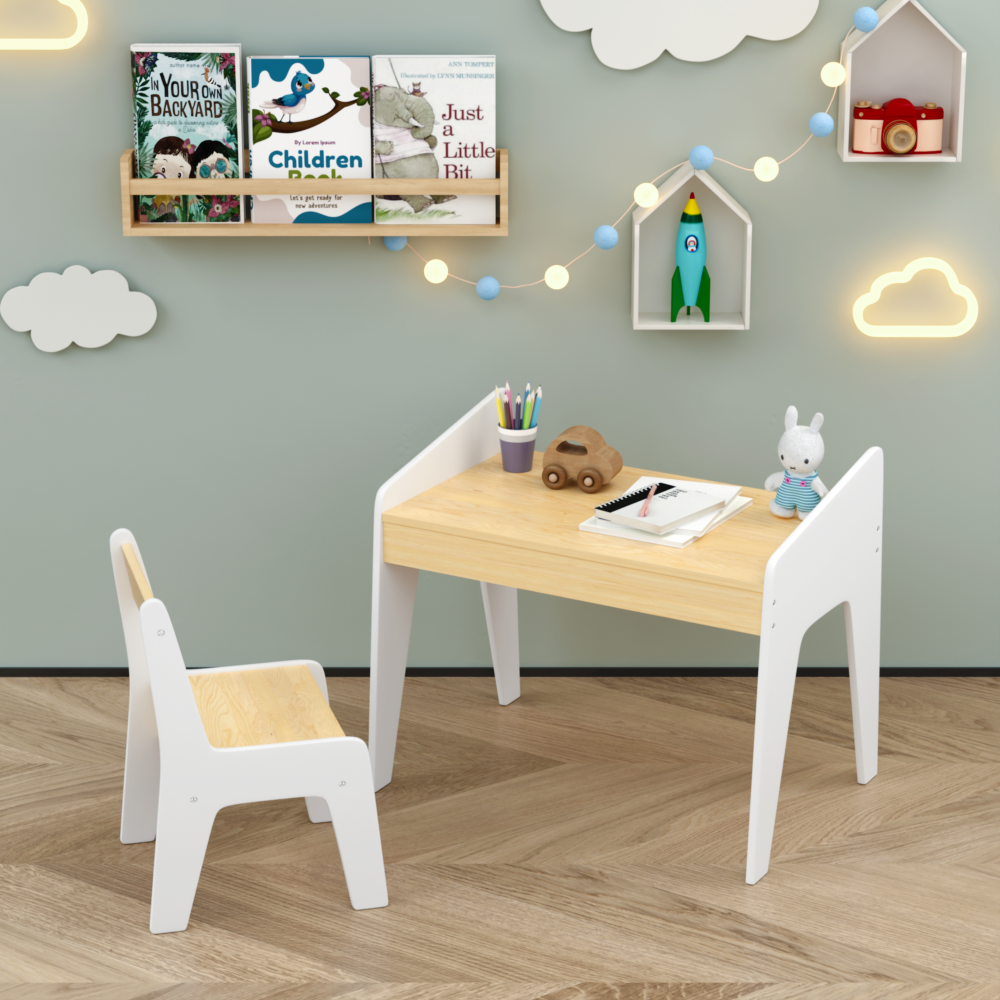 Kids Table Set with One Chair, Wooden Children Study Table, 2-8  Age Kids Funiture , White+Natural | Premium Home Decor - Gra
