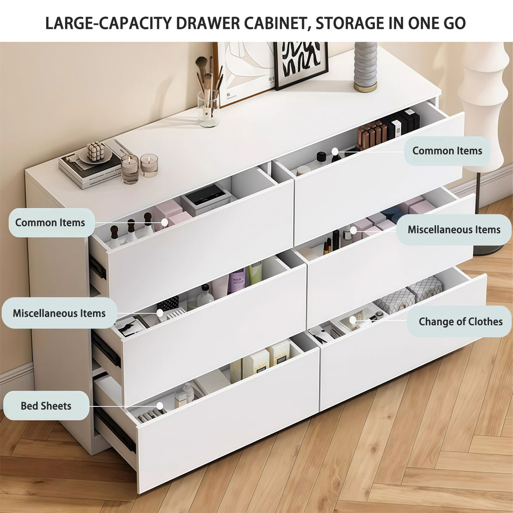 Modern 6 Drawer Dresser with Spacious Countertop and Concealed Handles, Storage Cabinet for Bedroom and Living Room, White MDF - Grand Goldman Shop