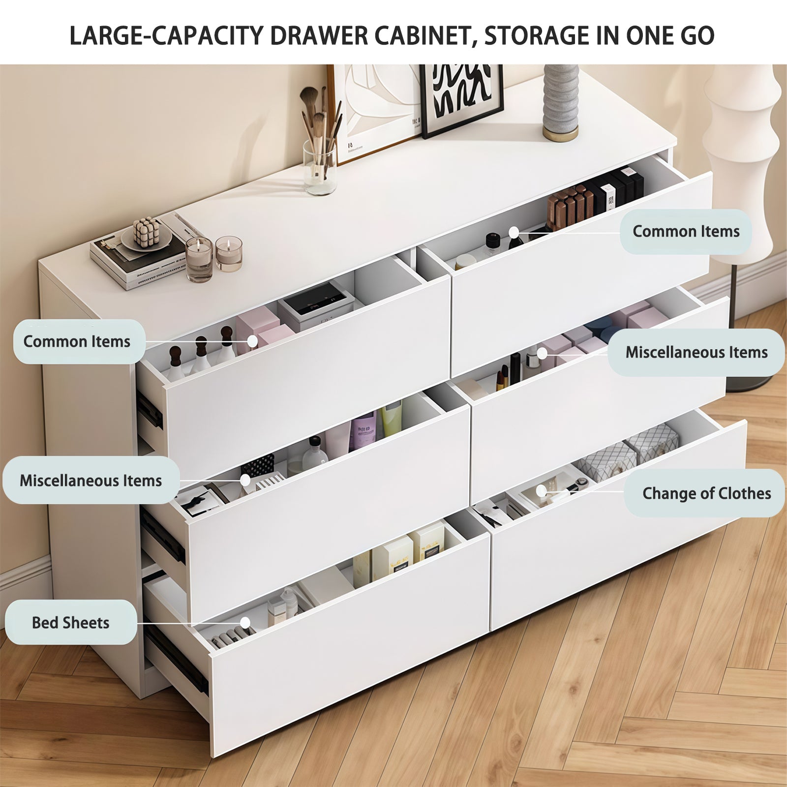 Modern 6 Drawer Dresser with Spacious Countertop and Concealed Handles, Storage Cabinet for Bedroom and Living Room, White MDF - Grand Goldman Shop