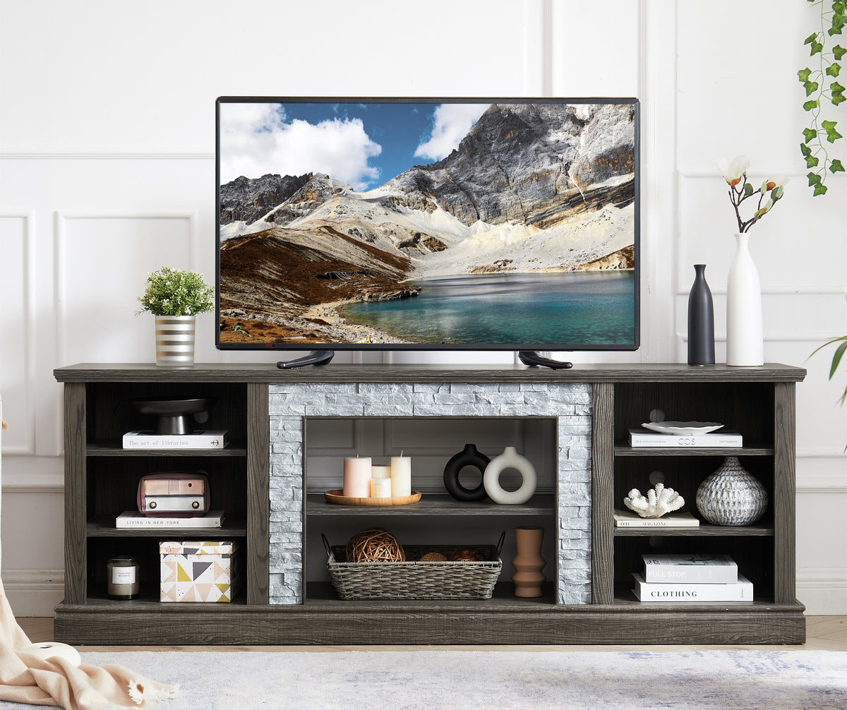 Large TV Stand TV Desk Storage Rack with Faux Stacked Stone Surround,Media Console Table with Large Storage Cabinet,Modern TV Media Entertaionment Stand,GREY, 70.12'W*15.35'D*25.83'H - Grand Goldman Shop