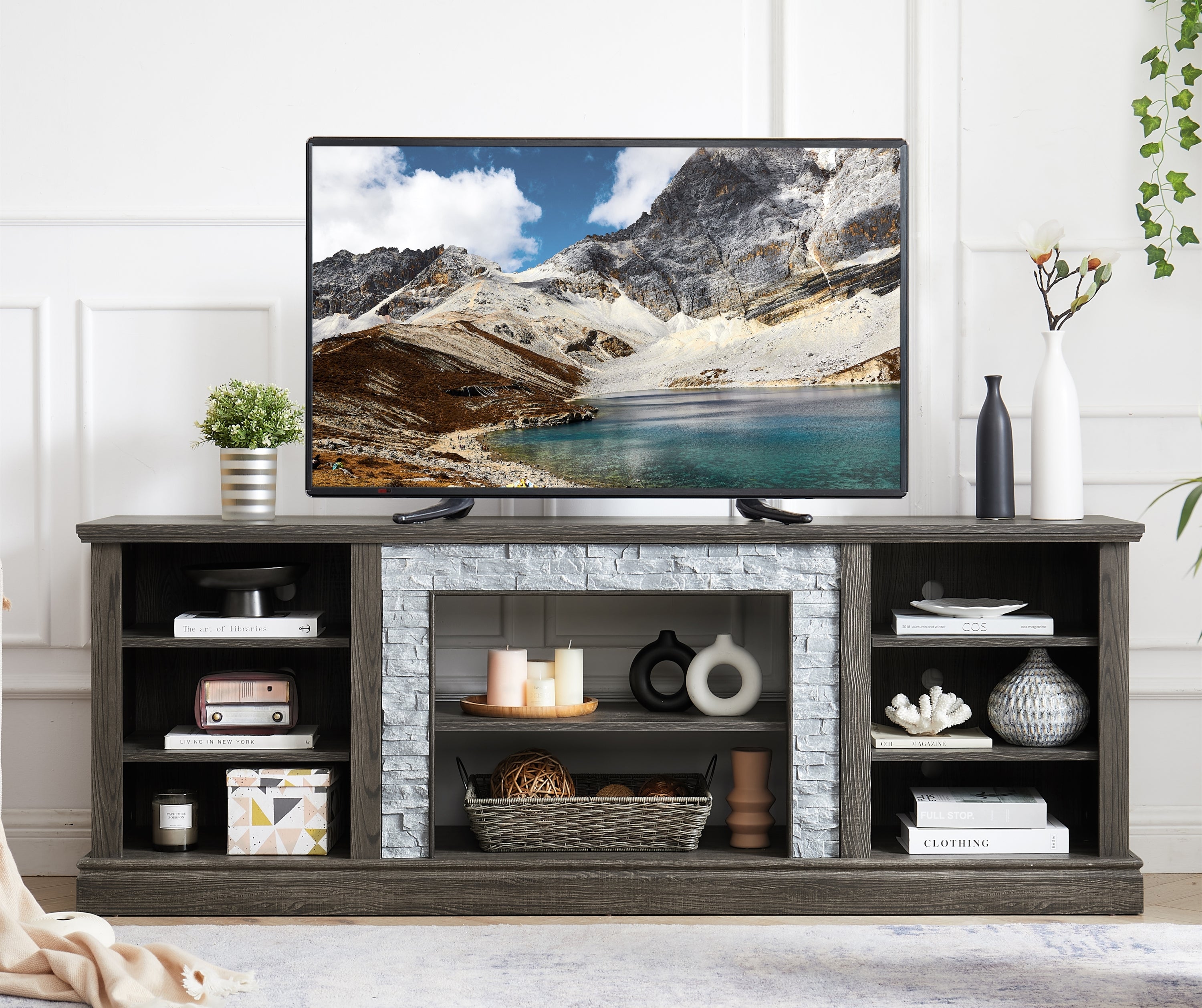 Large TV Stand TV Desk Storage Rack with Faux Stacked Stone Surround,Media Console Table with Large Storage Cabinet,Modern TV Media Entertaionment Stand,GREY, 70.12'W*15.35'D*25.83'H - Grand Goldman Shop