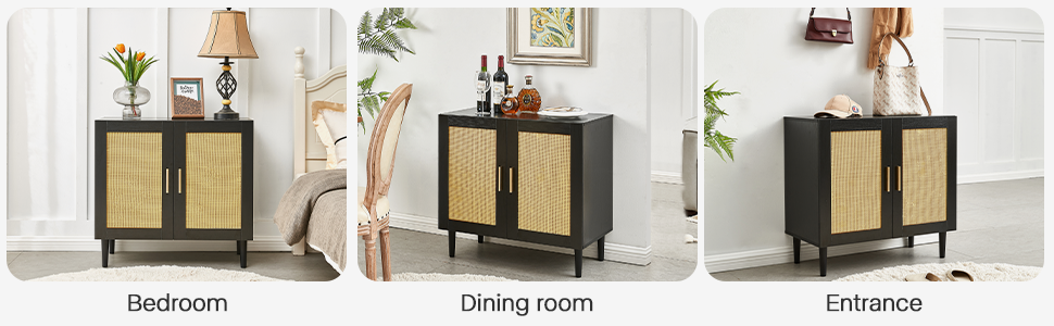 Side panel buffet cabinet with natural rattan door, rattan storage cabinet with adjustable shelves, side panel and buffet with storage space, modern console cabinet in bedroom and living room - Grand Goldman Shop