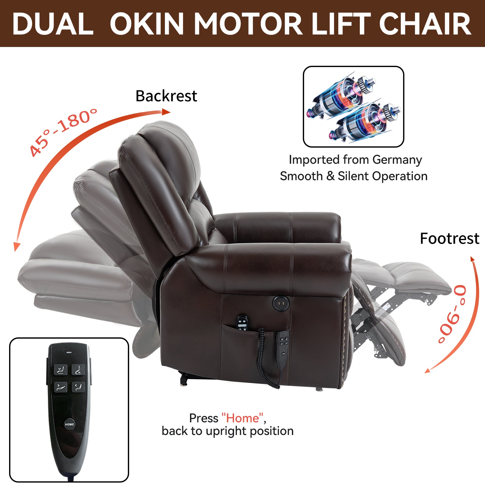 Power Lift Recliner Chair Heat Massage Dual Motor Infinite Position Up to 350 LBS, Faux Leather, Heavy Duty Motion Mechanism with USB Ports, Brown - Grand Goldman Shop