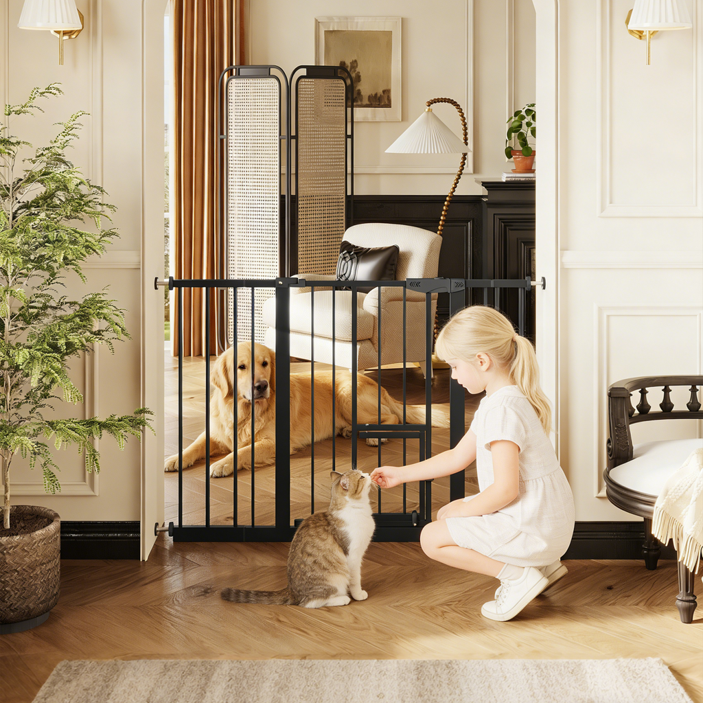 Baby Gate with Cat Door, 29.5-44.1' Metal Pet Door for Stairs & Doorways,Pressure Mounted,No Tools Needed, Black - Grand Gold