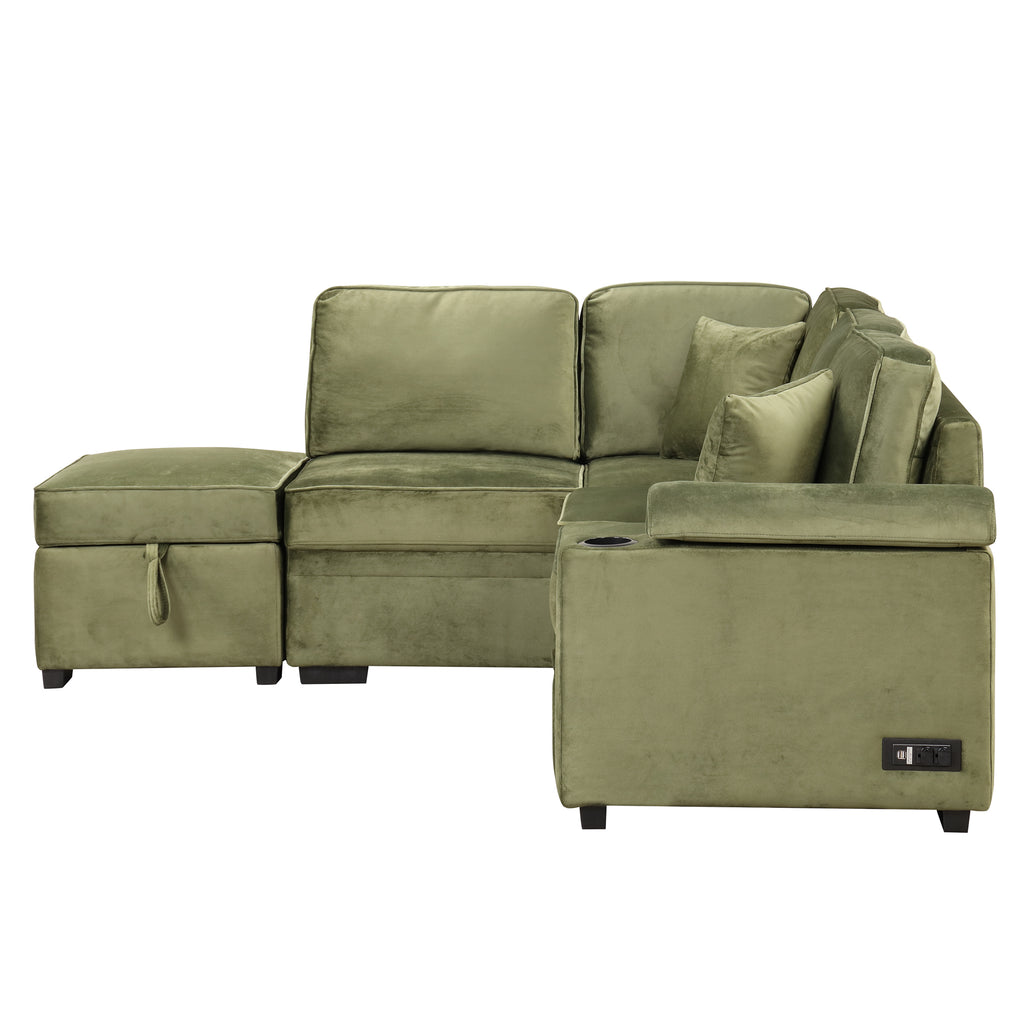 Green Velvet Sleeper Sofa Bed with Storage Ottoman, L Shape Pull Out Couch for Living Room and Bedroom - Grand Goldman Shop