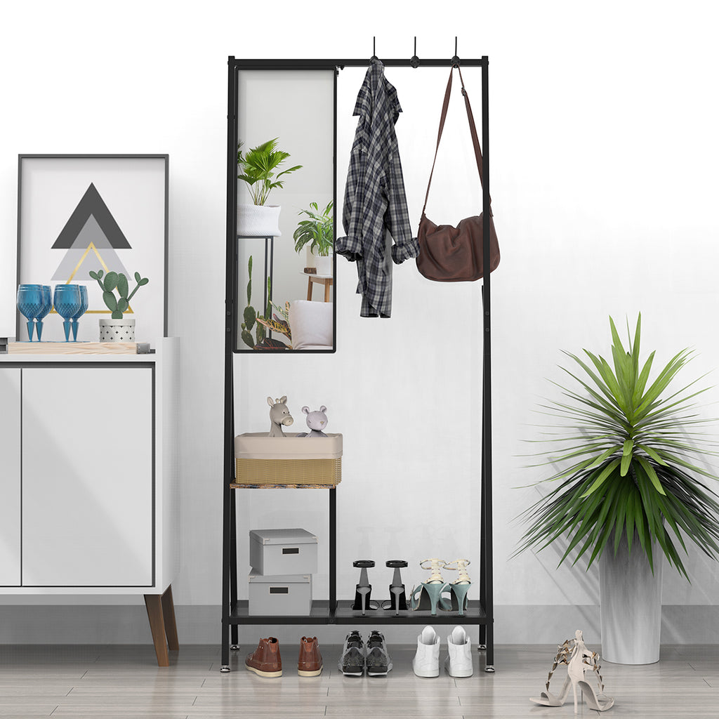 Coat Rack with Mirror, Multifunctional Hall Tree with Shoe Storage, Metal Frame, for Living Room Bedroom 73x32x15 Inches, Industrial Style, Rustic Brown and Black - Grand Goldman Shop