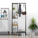 Coat Rack with Mirror, Multifunctional Hall Tree with Shoe Storage, Metal Frame, for Living Room Bedroom 73x32x15 Inches, Industrial Style, Rustic Brown and Black - Grand Goldman Shop
