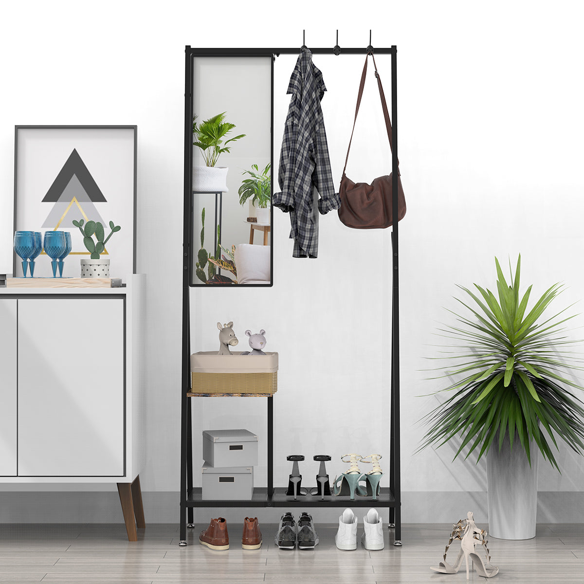 Coat Rack with Mirror, Multifunctional Hall Tree with Shoe Storage, Metal Frame, for Living Room Bedroom 73x32x15 Inches, Industrial Style, Rustic Brown and Black - Grand Goldman Shop