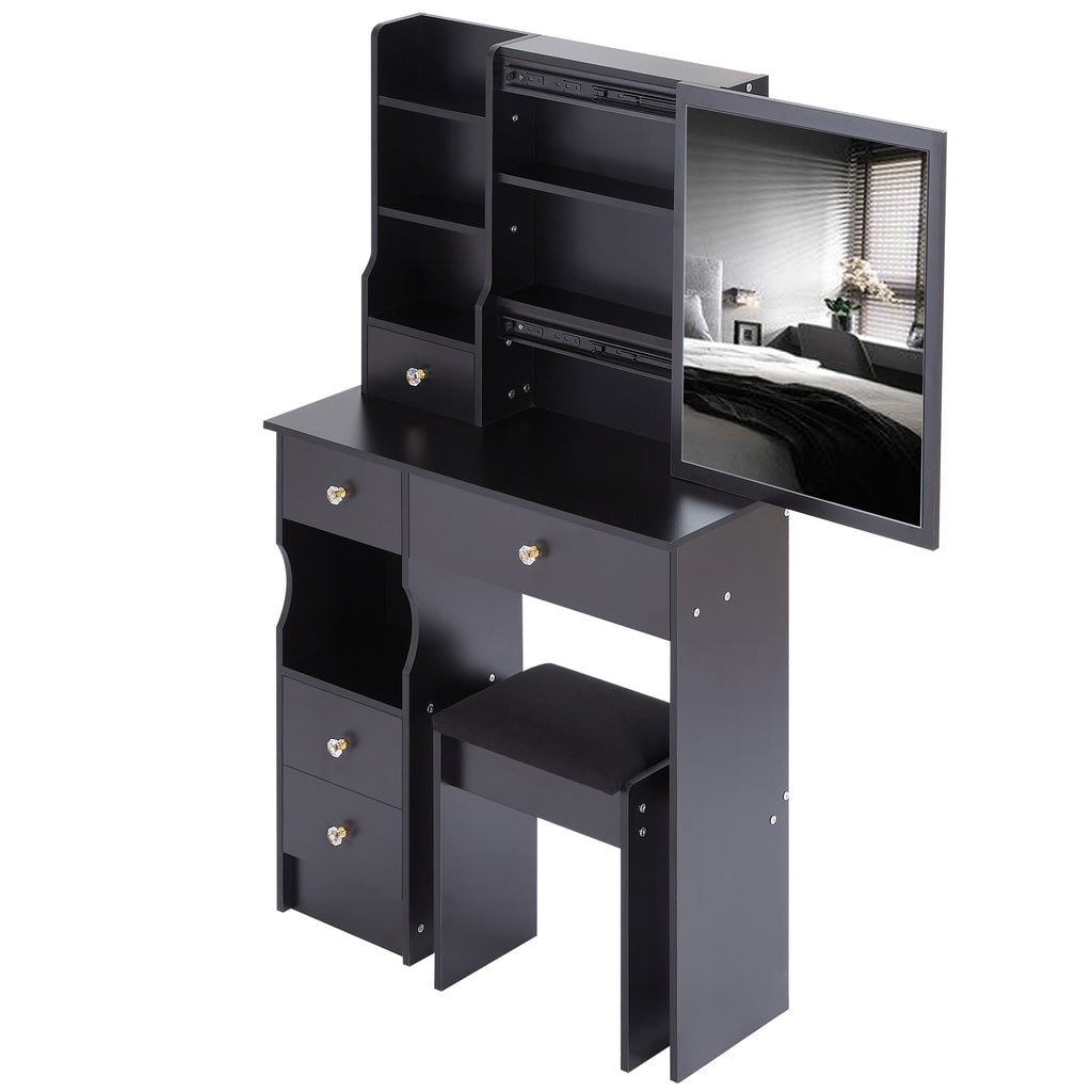 29.2' Small Space Left Drawer Desktop Vanity Table + Cushioned Stool, Extra Large Right sliding mirror, Multi Layer High Capacity Storage, Practical Fashionable Dresser, Suitable For Small Space - Grand Goldman Shop