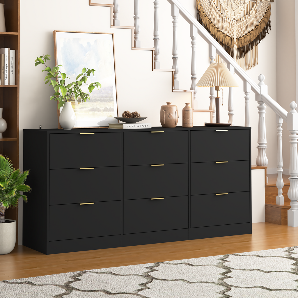 Black 9 Drawer Dresser, 63' Large Deep Chest of Drawers, Wooden Dresser Storage Cabinet with 9 Drawers for Bedroom, Long Dressers for Living Room, Hallway - Grand Goldman Shop