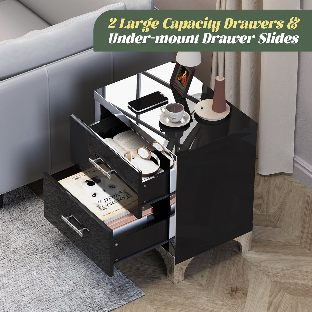 High Gloss Mirrored Nightstand with 2 Drawers,Modern End Table with Drawers,Mirrored High Gloss Wood Nightstand Metal Handle Bedside End Table for Bedroom, Dorm,Living Room,Black - Grand Goldman Shop