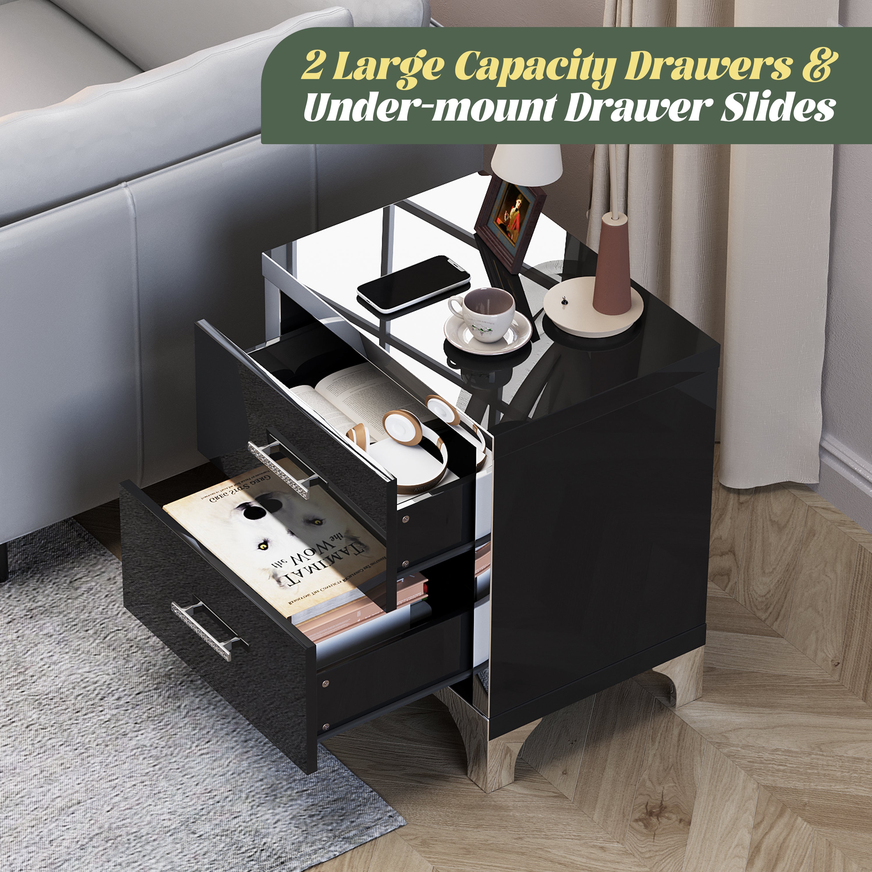 High Gloss Mirrored Nightstand with 2 Drawers,Modern End Table with Drawers,Mirrored High Gloss Wood Nightstand Metal Handle Bedside End Table for Bedroom, Dorm,Living Room,Black - Grand Goldman Shop