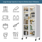 65'  Metal 6-Tier Storage Cabinet with Transparent Door, Adjustable Shelves & Wheels, for Kitchen Pantry Organization, White Metal - Grand Goldman Shop