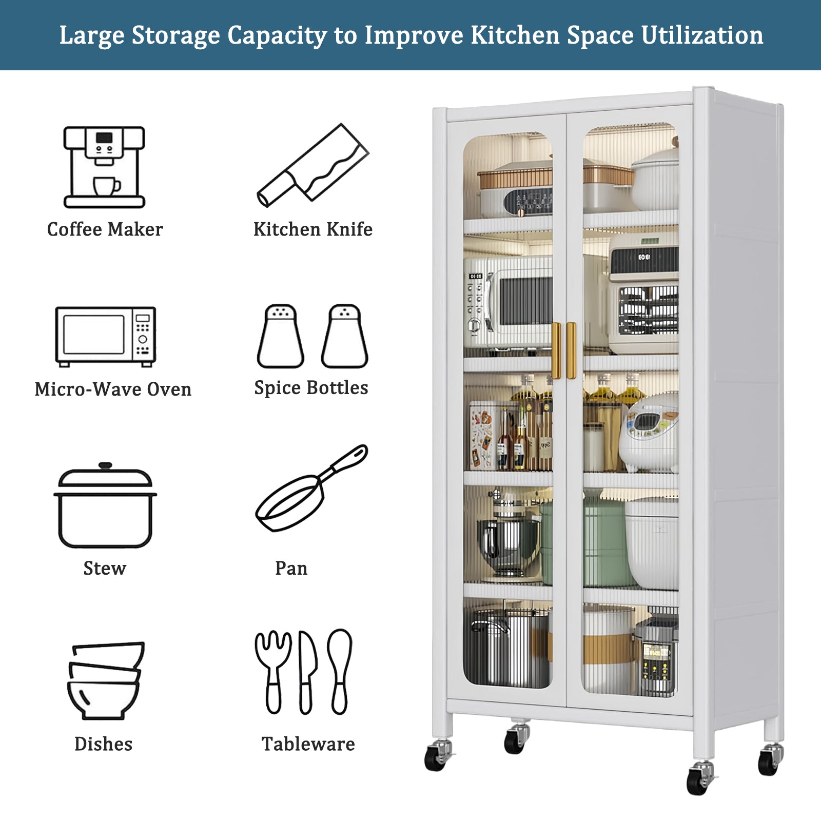 65'  Metal 6-Tier Storage Cabinet with Transparent Door, Adjustable Shelves & Wheels, for Kitchen Pantry Organization, White Metal - Grand Goldman Shop