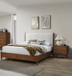 Walnut Color 3pc Bedroom Set Eastern King Size Bed 2x Nightstands Beige Upholstered Fabric Panel HB Mid-Century Modern Style - Grand Goldman Shop