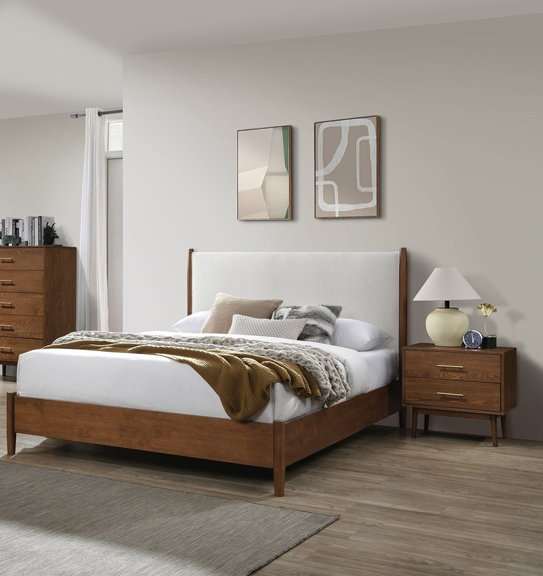 Walnut Color 3pc Bedroom Set Eastern King Size Bed 2x Nightstands Beige Upholstered Fabric Panel HB Mid-Century Modern Style - Grand Goldman Shop