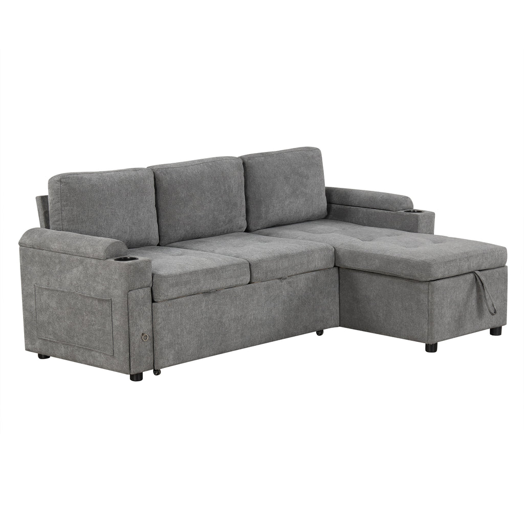 Modern L-shaped Convertible Sofa Bed with Storage, Cup Holders, USB Ports, Gray Chenille, 83.5' - Grand Goldman Shop