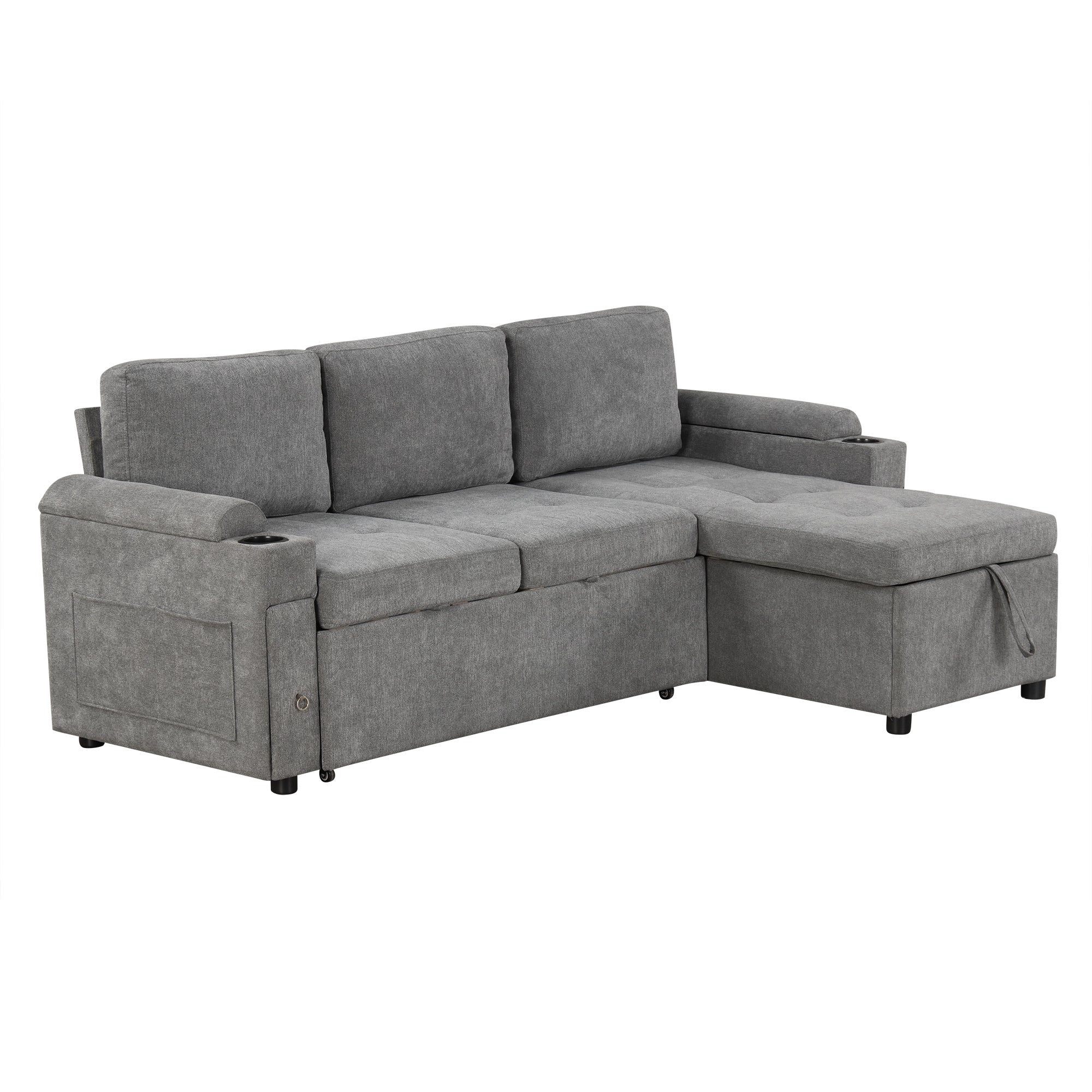 Modern L-shaped Convertible Sofa Bed with Storage, Cup Holders, USB Ports, Gray Chenille, 83.5' - Grand Goldman Shop