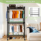 Heavy Duty Rolling Clothes Rack with 3 Tier Shelves, 2 Rails & Side Hooks, Adjustable Freestanding Organizer, Black Metal - Grand Goldman Shop