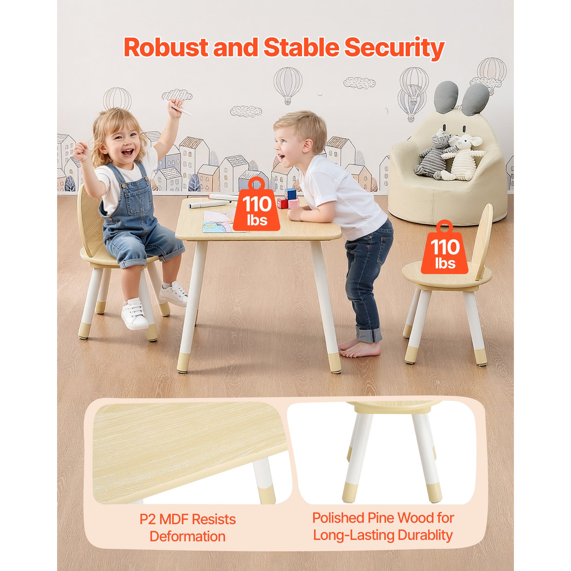 Kids Table and 2 Chairs Set, Toddler Table and Chair Set with Rounded Edge Design & Graffiti Desktop, Wooden Desk for Art, Cr