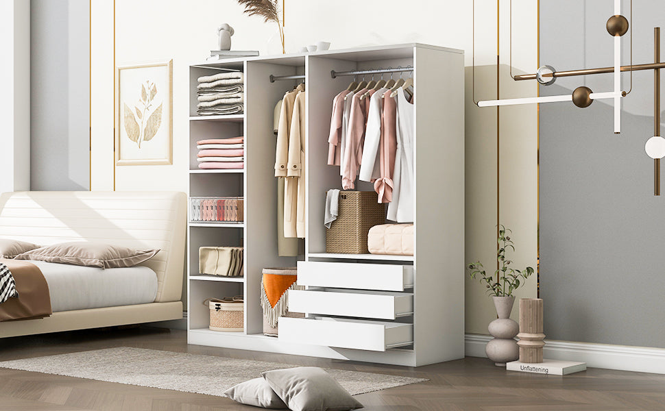 Doorless Wooden Storage Wardrobe for Dedroom with Shelves and 3 Drawers, White - Grand Goldman Shop