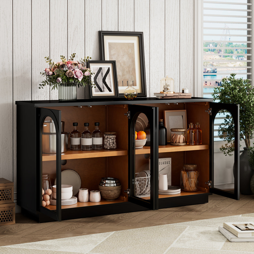 TREXM 4-Door Large Storage Buffet Cabinet with Glass Doors, Arched Cabinet with Adjustable Shelves for Kitchen, Dining Room and Living Room (Black) - Grand Goldman Shop