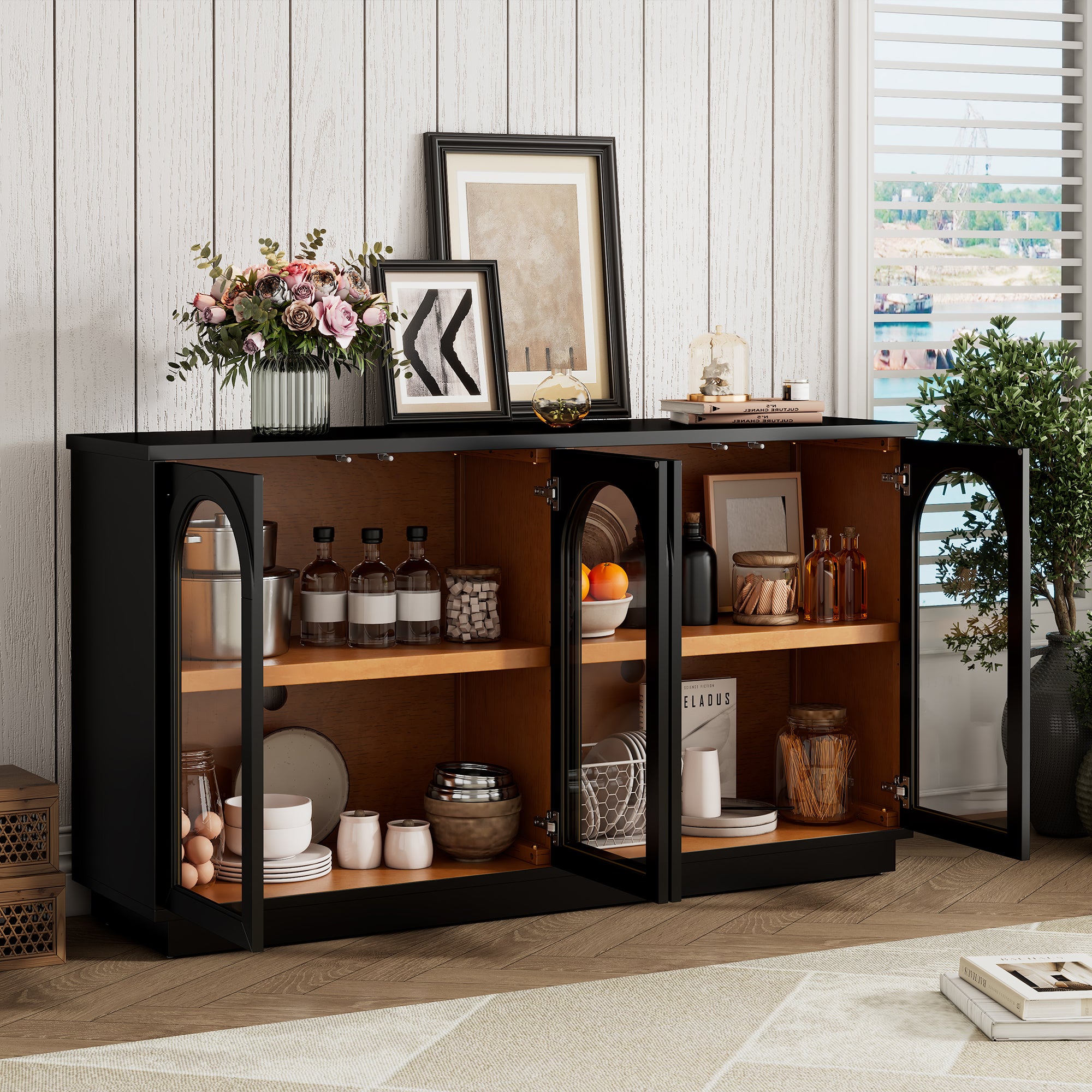 TREXM 4-Door Large Storage Buffet Cabinet with Glass Doors, Arched Cabinet with Adjustable Shelves for Kitchen, Dining Room and Living Room (Black) - Grand Goldman Shop