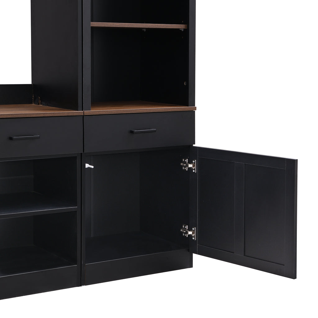 Farmhouse Entertainment Wall Unit with Bookshelf for TVs Up to 70', Walnut TV Stand with Adjustable Shelves, Mid-Century Media Console with Wine Rack for Living Room, Black (NEW SKU: N721S000046B-2) - Grand Goldman Shop