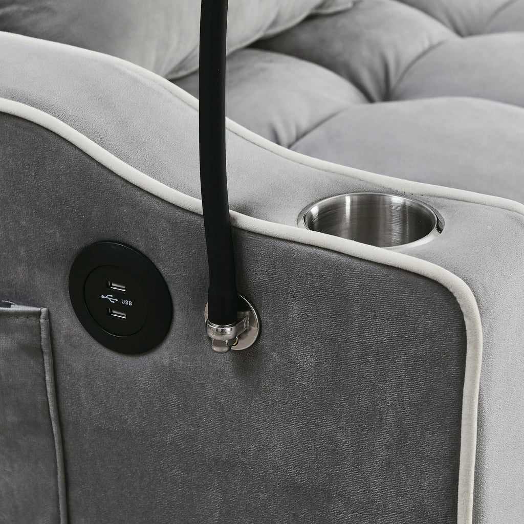 55.51 inch versatile foldable sofa bed in 3 lengths, modern sofa sofa sofa velvet pull-out bed, adjustable back and with USB port and ashtray and swivel phone stand (Grey) - Grand Goldman Shop