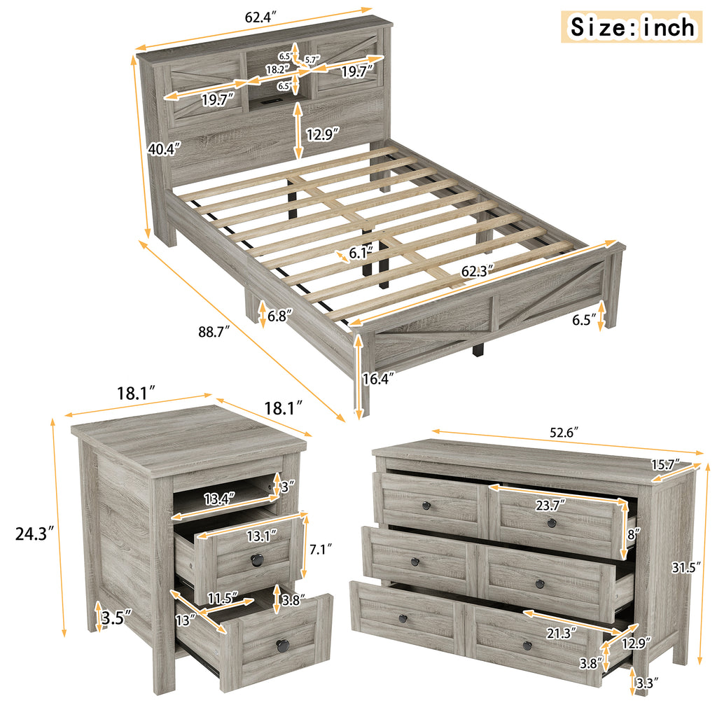 3-Pieces Bedroom Sets Queen Size Farmhouse Platform Bed with Double Sliding Door Storage Headboard and Charging Station, Storage Nightstand and Dresser, Antique Gray(Old SKU HL000092AAG) - Grand Goldman Shop