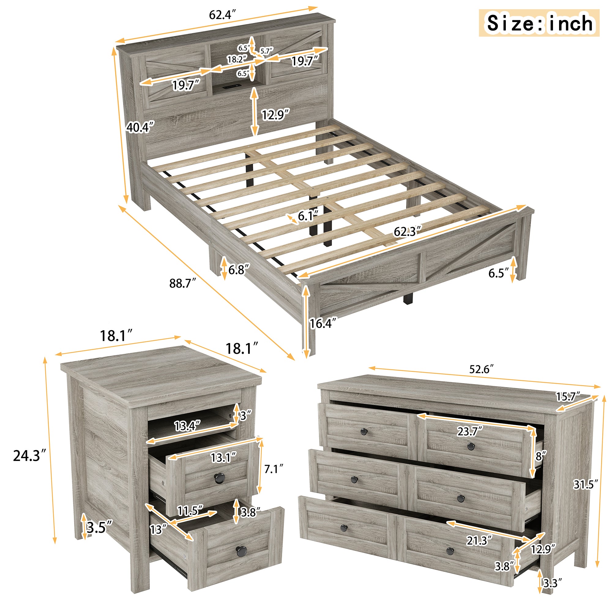 3-Pieces Bedroom Sets Queen Size Farmhouse Platform Bed with Double Sliding Door Storage Headboard and Charging Station, Storage Nightstand and Dresser, Antique Gray(Old SKU HL000092AAG) - Grand Goldman Shop