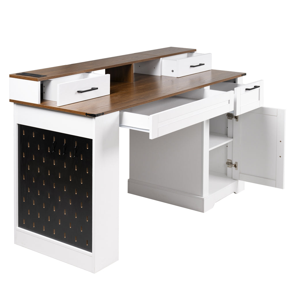 White Farmhouse Office Desk with Storage Cabinet, Charging Station, Monitor Stand & Pegboard, 55' Computer Writing Desk with 