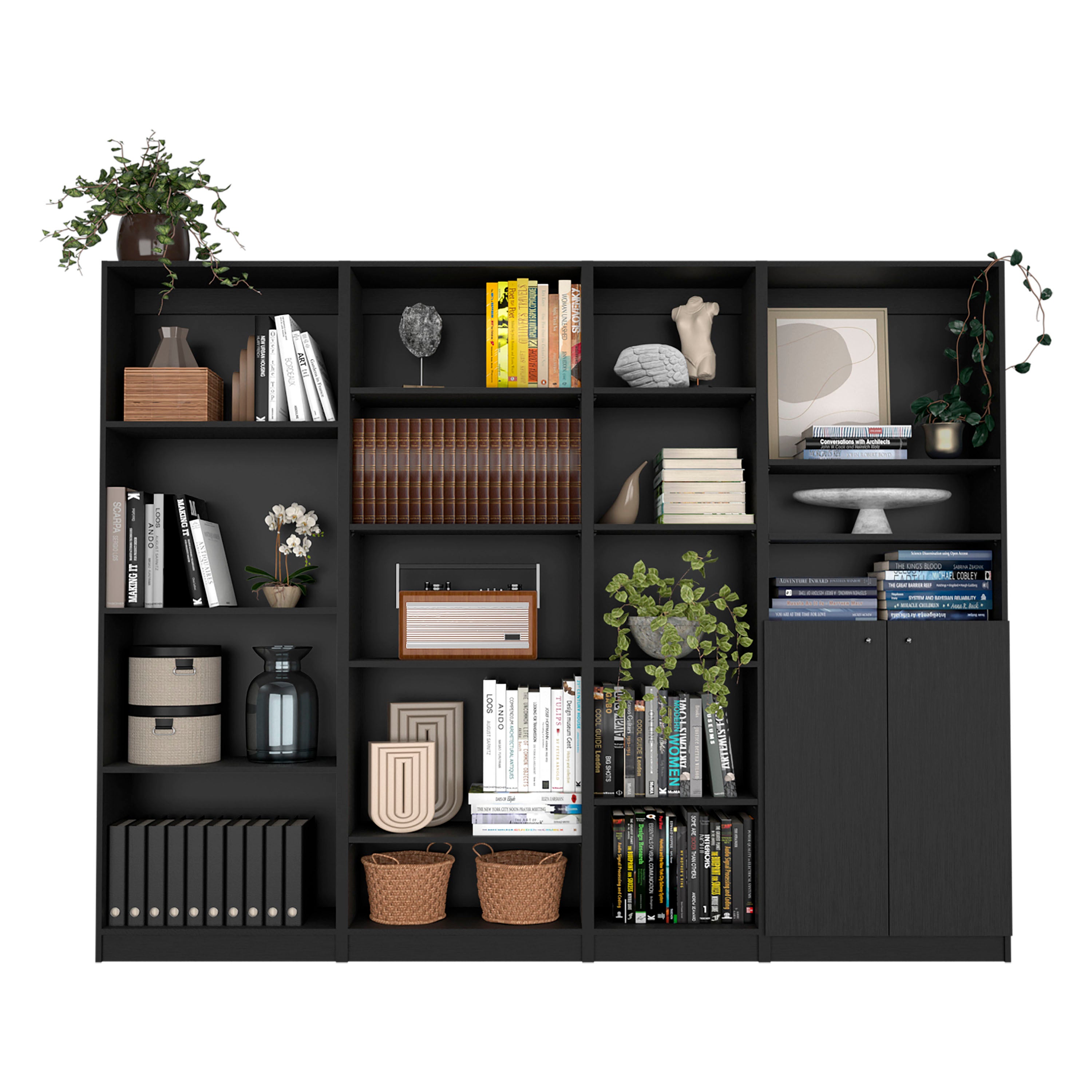 Dupree 4 Piece Home Bookcase set, 91' Wide with 17 Shelves And a Double-Door Cabinet ,  Living Room Set  Black - Grand Goldma