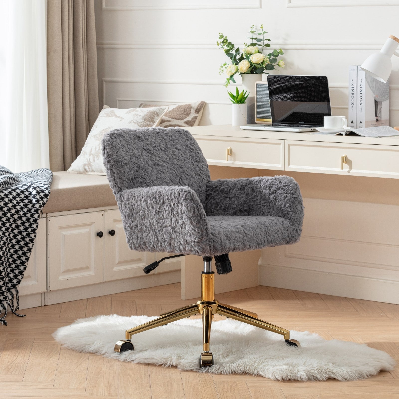 A&A Furniture Gray Adjustable Desk Chair with Artificial Rabbit Hair and Golden Metal Base - Grand Goldman