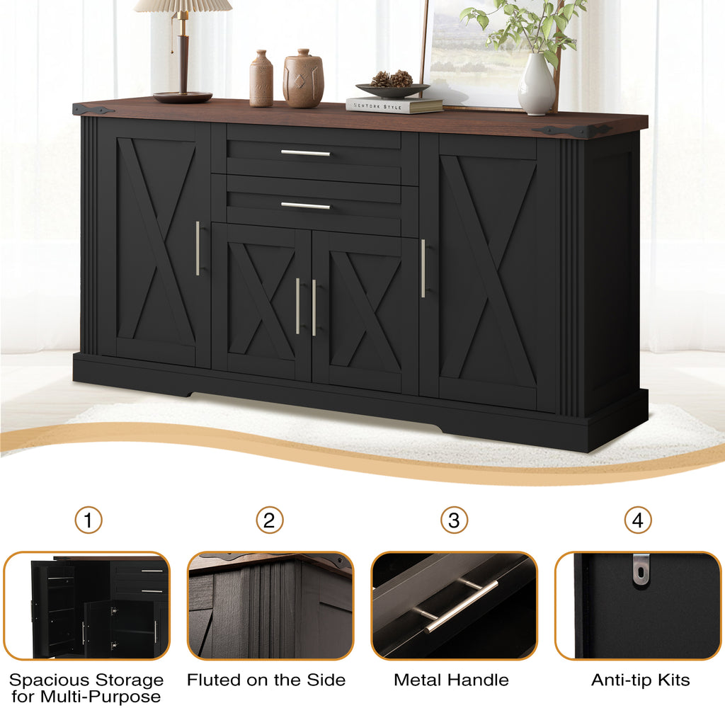 Black Farmhouse Barn Door Storage Cabinet with 2 Drawers & Door Rack, Adjustable Shelves, MDF Construction, 63.11' L x 15.75' W x 32.09' H - Grand Goldman Shop