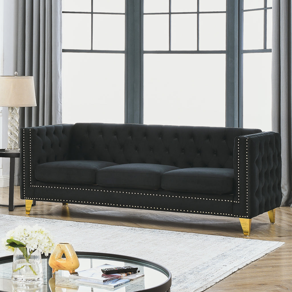 Modern Black Velvet Sofa with Button Tufting and Metal Legs, 3-Seater Couch for Living Room or Bedroom, Upholstered in Soft Velvet with Solid Wood Frame - Grand Goldman Shop