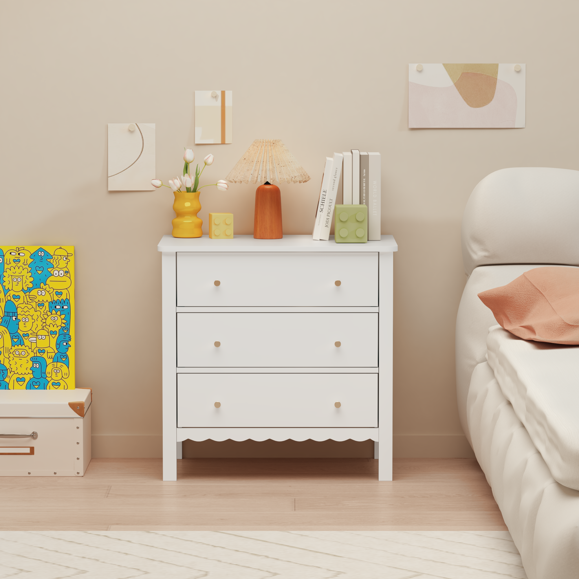 White 3 Drawer Dresser for Bedroom, Modern MDF Painted Chest of Drawers with Gold Knobs, Wooden Storage Cabinet for Kids, Nur
