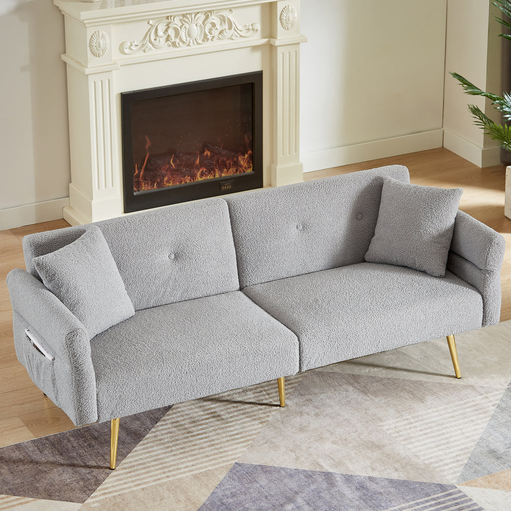 Modern Teddy Upholstered Accent Loveseat Sofa With Side Pocket,Folding Sleeper Sofa Bed With Foldable Armrest , Adjustable Backrest and Golden Metal Legs for Living Room,Grey - Grand Goldman Shop