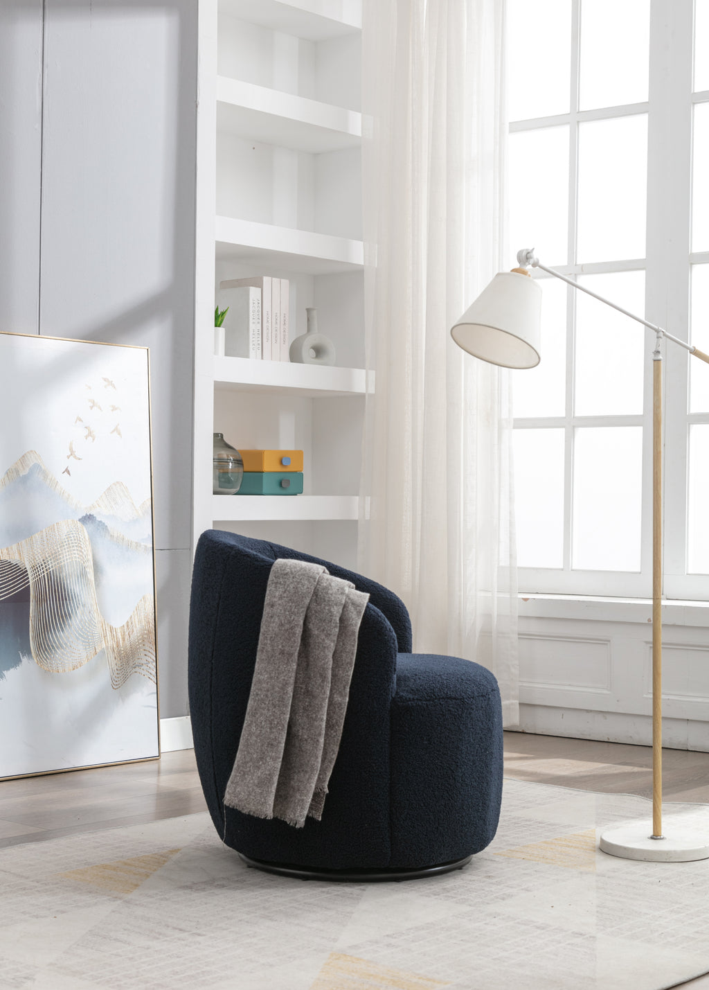Teddy Fabric Swivel Accent Armchair Barrel Chair With Black Powder Coating Metal Ring,Dark Blue - Grand Goldman Shop