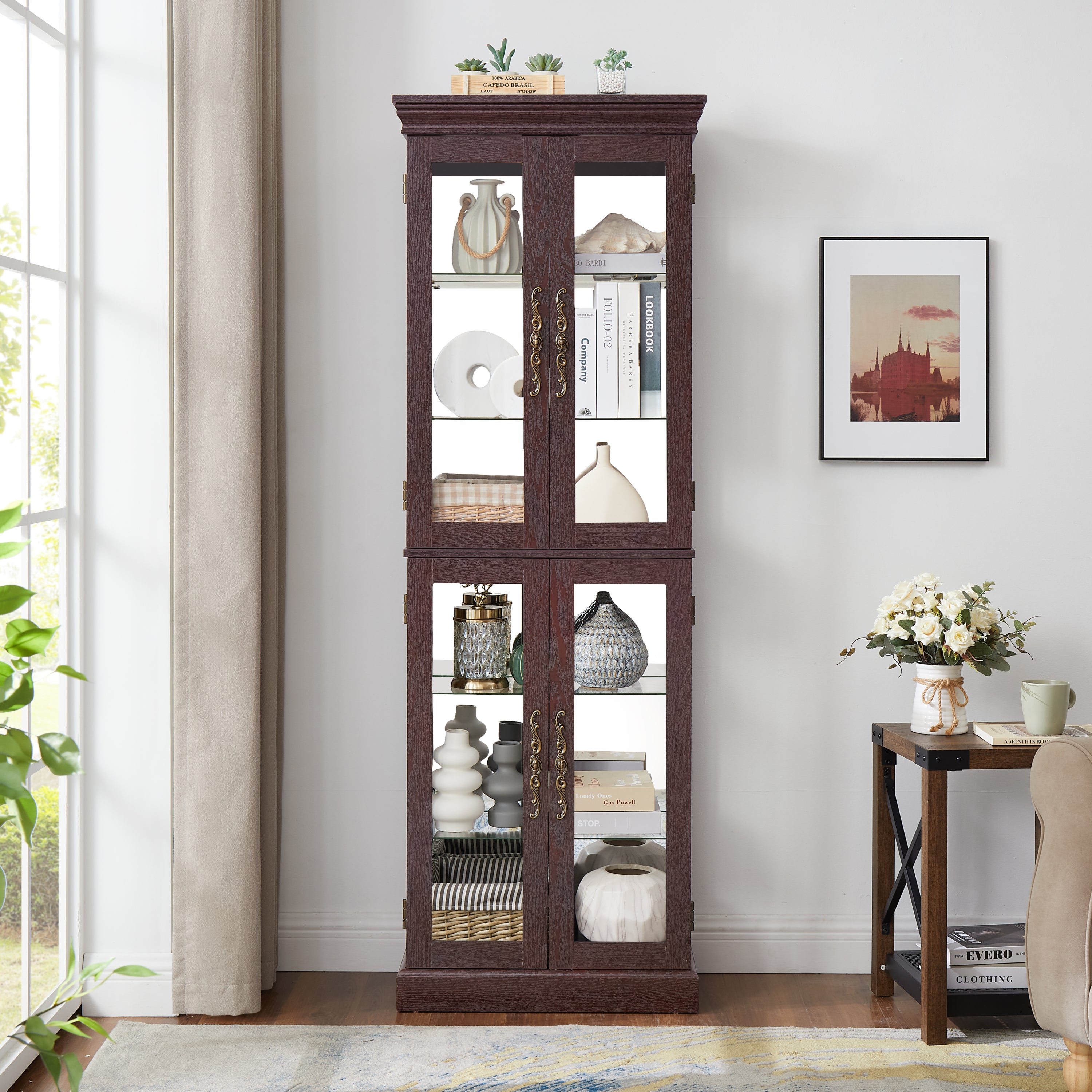 Lighted Glass Curio Display Cabinet,Display Cabinet,Glass Storage Cabinet Glass Wine cabinet Wood Frame Toy Display for Living Room, Kitchen, Pantry light bulb included Dark Cherry - Grand Goldman Shop