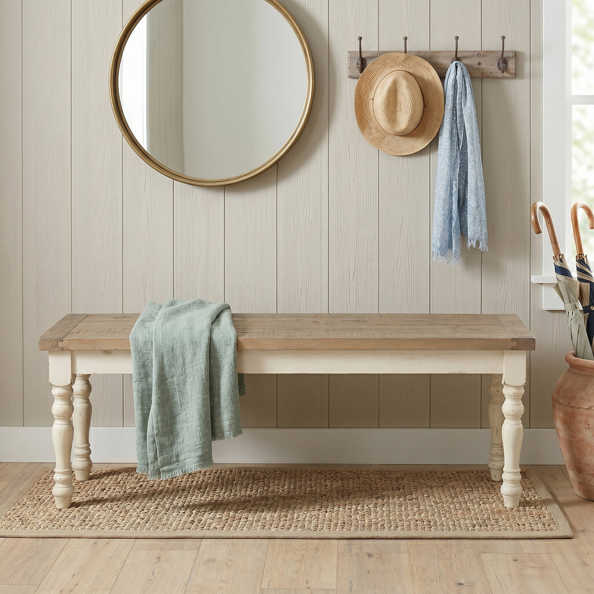 Prato Two-Tone Wood Upholstered Dining Bench, Antique White and Distressed Oak - Grand Goldman Shop