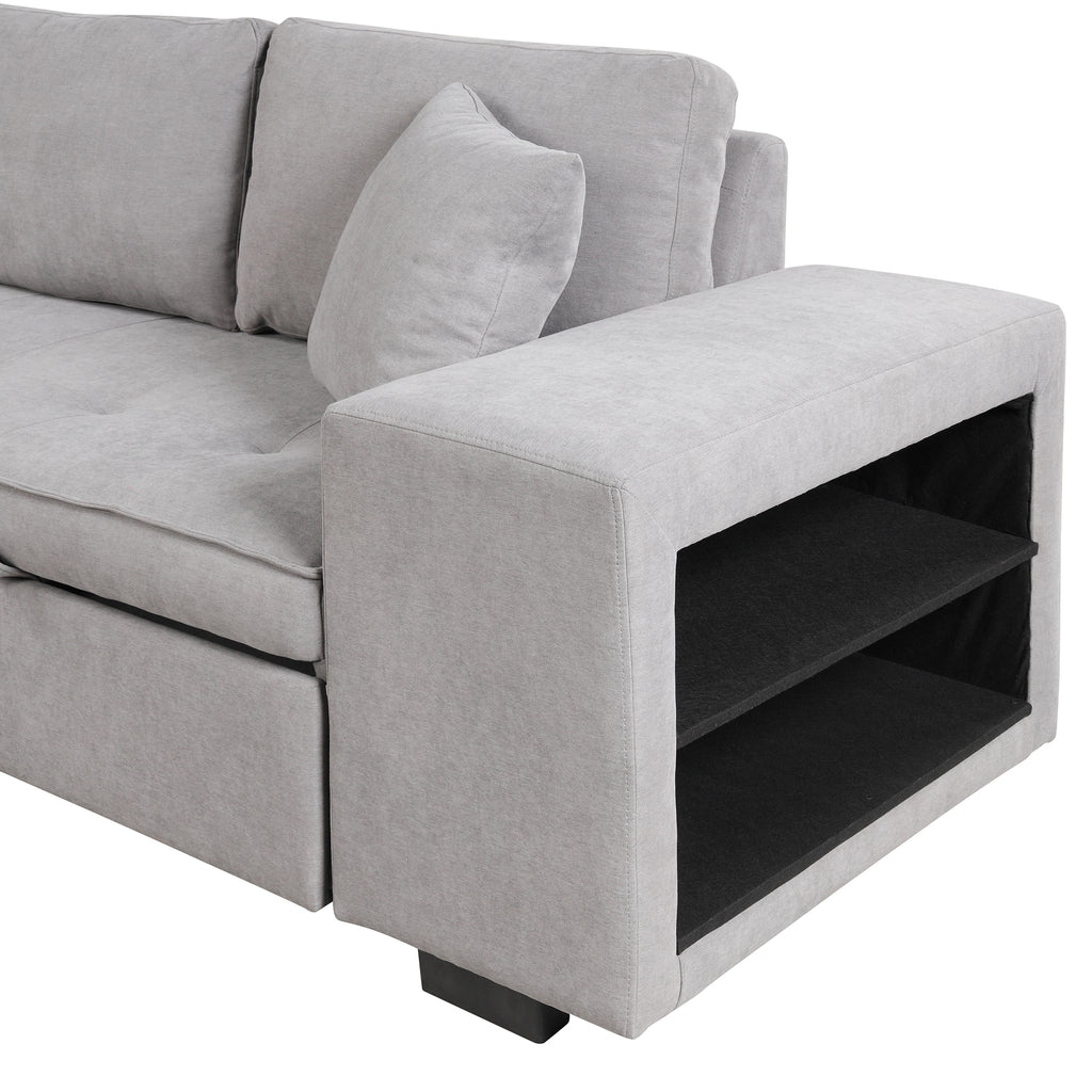 Modern Reversible L-Shape Pull Out Sleeper Sofa with Storage Chaise and Stools, Gray Linen, 104.5' - Grand Goldman Shop