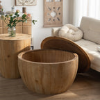 Vintage Style Barrel Coffee Table with Storage in Natural Finish, Solid Wood and MDF, 31.50' Diameter for Living Room, Dining Room, Office - Grand Goldman Shop